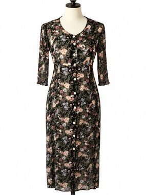 Vintage Sheer Floral Midi Dress Cottagecore Prairie Grunge